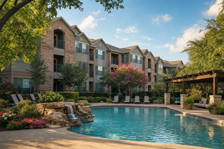 Well-maintained garden-style apartment community with pool amenity